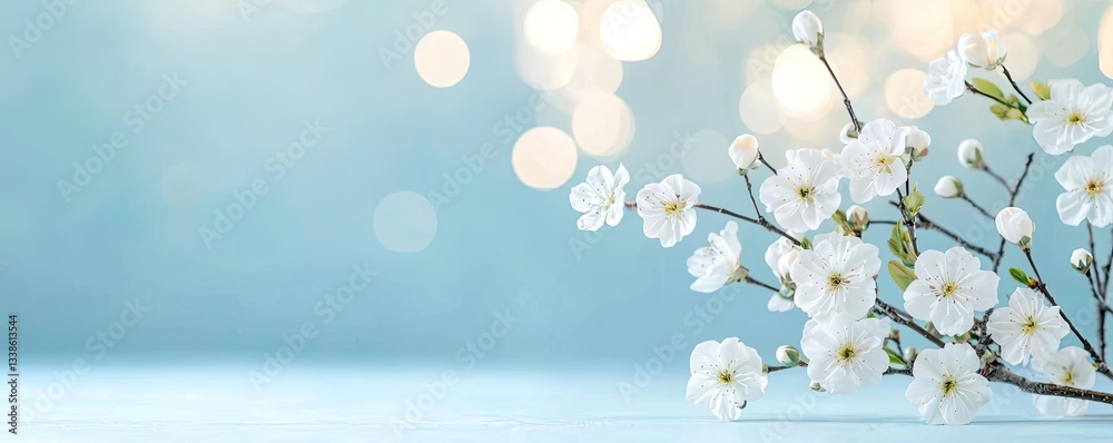 Leinwandbilder Negative space design abstract background concept. A serene blossom branch on a soft blue background with blurred lights creating a dreamy effect.