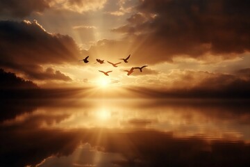Obraz premium Golden sunrise reflected on calm water with birds flying in the sky