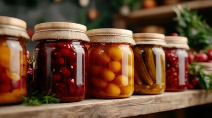 A vibrant display of various mason jars filled with colorful preserved fruits and vegetables, showcasing the beauty of homemade preserves and seasonal ingredients.