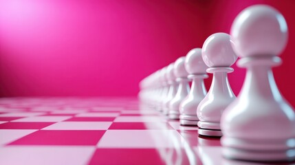 An artistic perspective of white chess pawns arranged in a row against a vibrant pink background, emphasizing unity and simplicity in strategic gameplay.