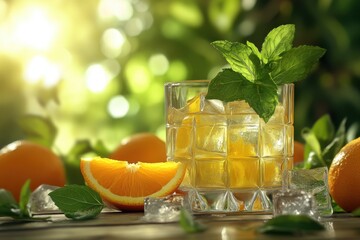 Fototapeta premium Refreshing orange juice with ice cubes and mint leaves on a wooden table against a blurred green background evokes a sense of summer freshness