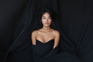 Fototapeta premium Elegant studio portrait of a woman wrapped in flowing black fabric
