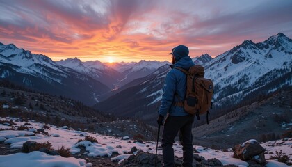 Hiker Appreciating a Vibrant Winter Dawn in a Magnificent Mountain Scene