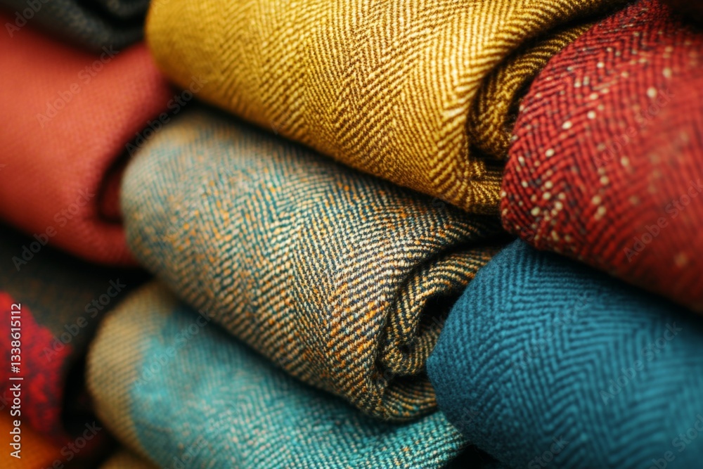 Poster colorful rolled fabrics in a textile shop showcasing various textures and patterns on a vibrant disp