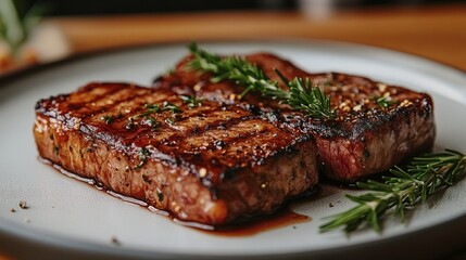 two delicious grilled steaks garnished with herbs on a plate, ready to be enjoyed 