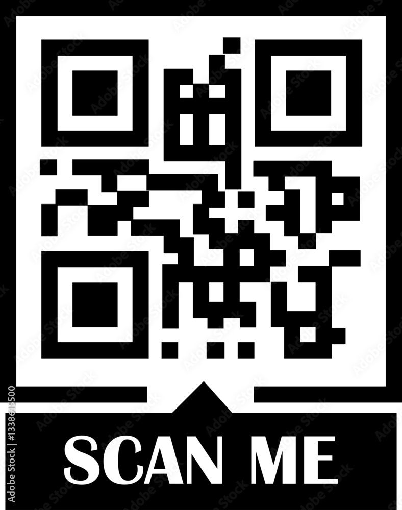 Poster qr code scan black icon. scan me text vector. smartphone usage. electronic, barcode, digital technol