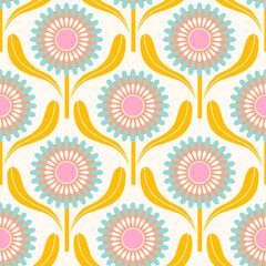 Retro floral pattern with repeating flower motifs. Ideal for textiles, wallpaper, packaging, and digital designs.	