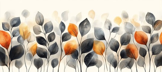 Watercolor Floral Background, Minimalist Autumn Leaves and Branches Art, Soft Beige Texture