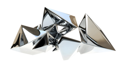 Metallic chrome steel geometric shape, sleek and futuristic, 3D rendered, Transparent Background PNG