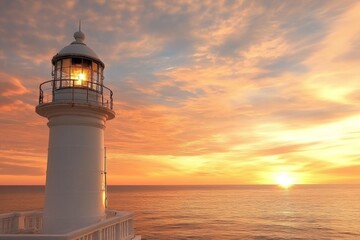 Lighthouse standing by the ocean at sunset with vibrant sky colors and peaceful waters