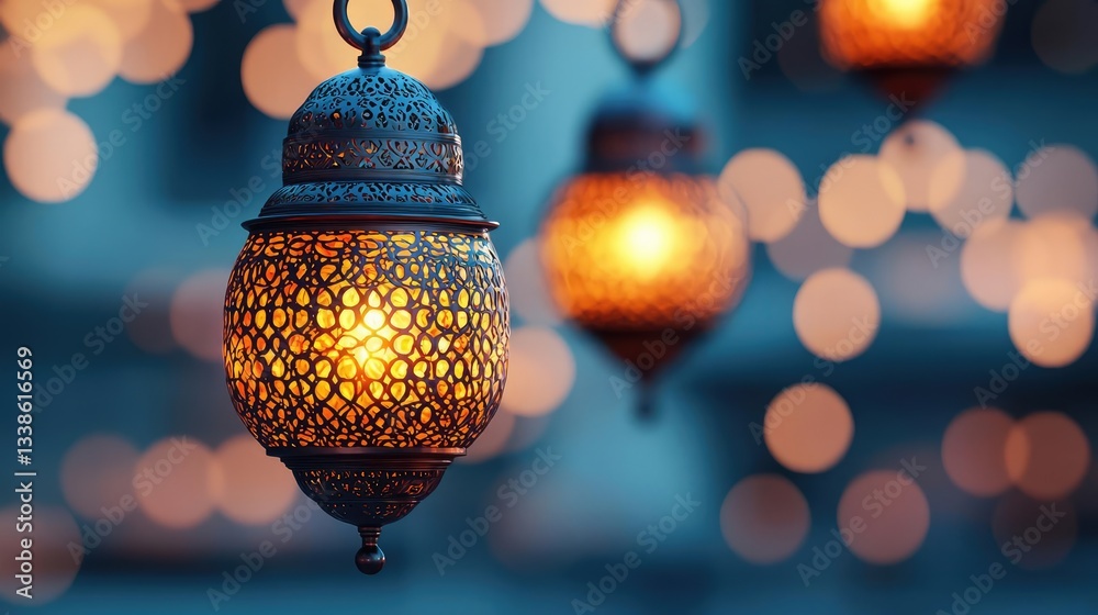 Poster Surrealist art abstract background concept. Beautiful hanging lanterns glow softly, creating a warm and inviting atmosphere.