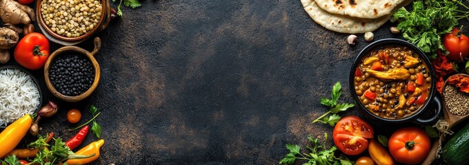 A panoramic view of Indian chicken curry surrounded by the ingredients used to make it,
