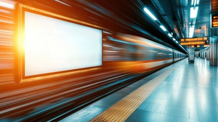 A dynamic view of a train station platform with a motion blur effect, highlighting an empty advertising billboard that captures the essence of urban transit.