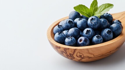 Vibrant blueberries captured in a beautifully crafted wooden bowl, showcasing their freshness and rich color, making it an appealing sight for health enthusiasts.
