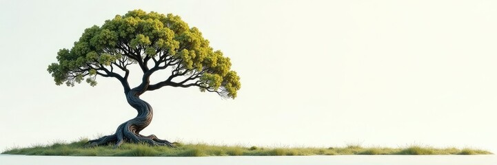 The isolated tree's limbs twist and turn in unique, organic shapes, twisted, curved, irregular