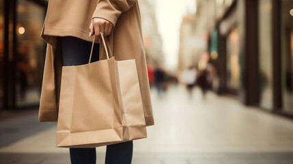 A Stylish Woman Confidently Carries Her Shopping Bags After A Successful Day Of Retail Therapy On A Bustling City Street With Soft, Warm Lighting