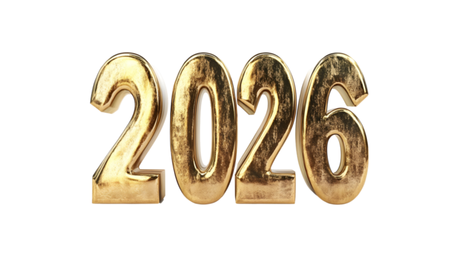 Metallic gold 3D number "2026", new year, bold and premium style, Transparent Background PNG