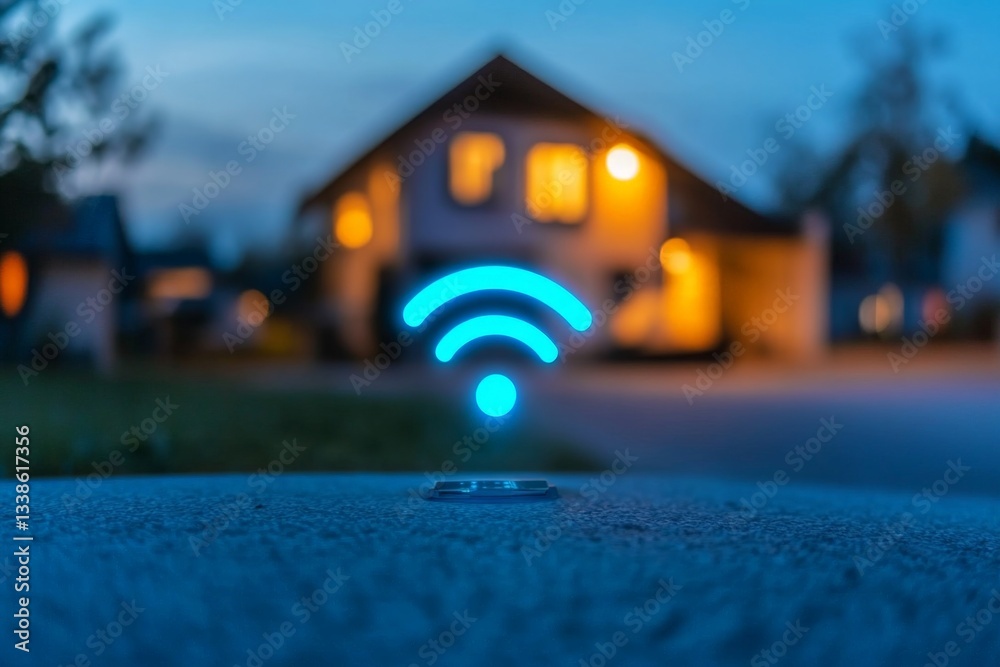 Poster connected home illuminated by evening light with a focus on wireless signal symbol