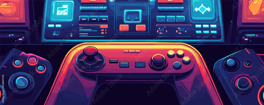 Poster futuristic gaming console interface with colorful game controllers in a neon sci-fi setting.