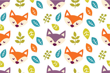 Seamless vector pattern of c cute forest animal fox in a playful doodle style. Soft pastel colors, clean white background, minimal and charming line art for children's fabric or wallpaper