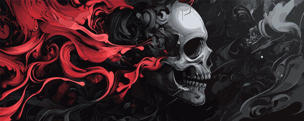 Abstract skull with red and black swirls: surreal digital art with fluid movement.