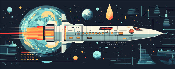 Futuristic spaceship travels through vibrant cosmic universe with planets and data visualizations.