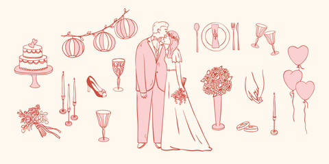 Set of Wedding Doodle Elements, Bride and Groom, Romantic Vector Illustration