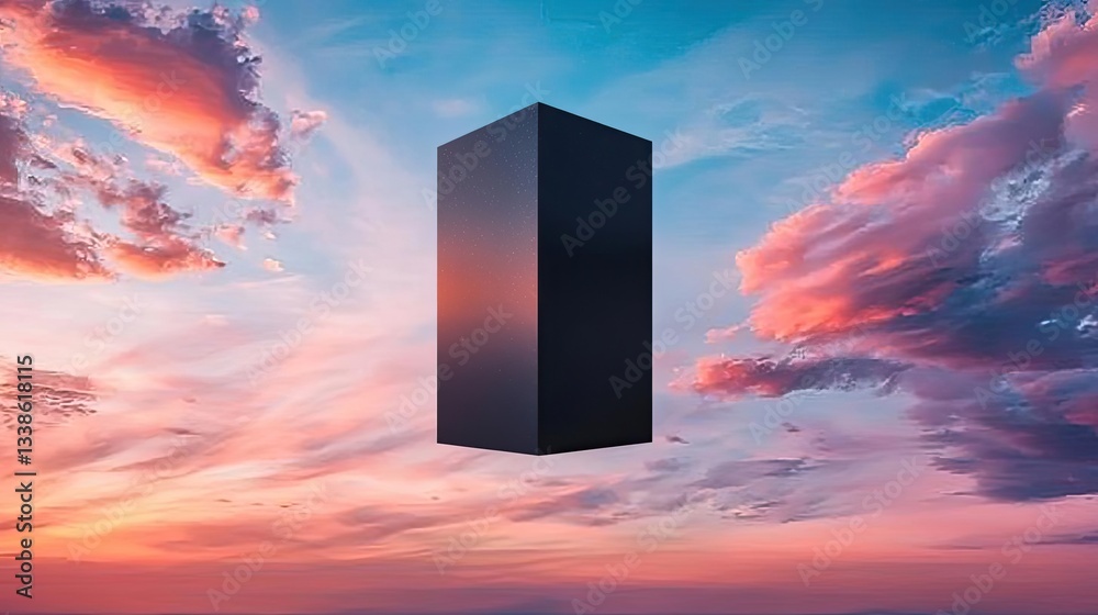 Poster surrealist art abstract background concept. futuristic black monolith against a vibrant sunset sky w