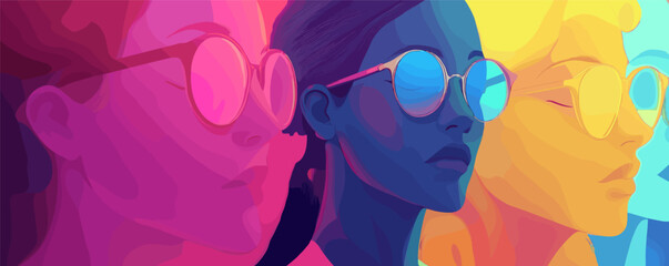 Obraz premium Abstract portrait of three women in colorful sunglasses reflecting light and color.
