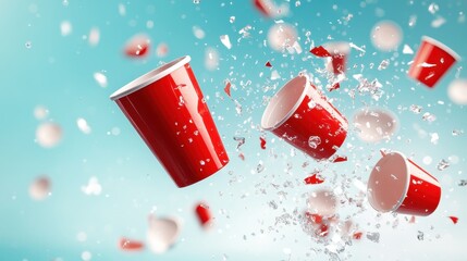 A striking image of red party cups bursting apart, surrounded by a splash of water, symbolizing the carefree spirit of gatherings and joyful moments shared.
