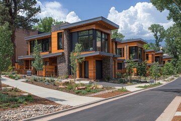 Modern residential buildings in a suburban area showcasing natural materials against a picturesque sky