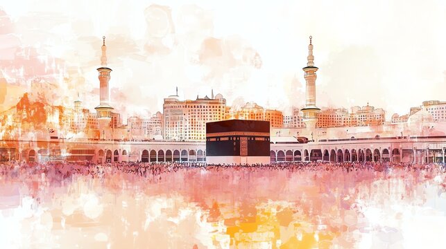 Kaaba Mecca Painting with People Praying at Masjid Al Haram