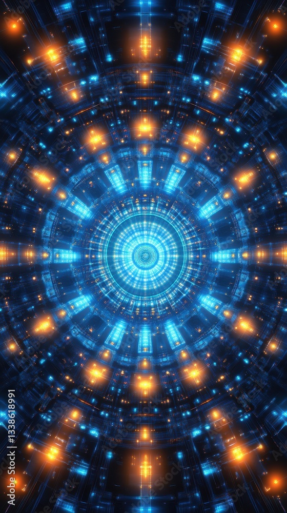 Canvas Prints abstract futuristic tunnel of glowing blue and orange lights with circular geometric pattern and dar