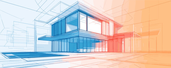 Modern architectural blue and orange sketch of a futuristic two-story house design.