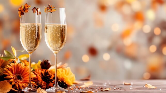 Two champagne flutes adorned with autumn leaves and bright flowers, capturing the essence of fall gatherings and celebrations in a warm, inviting setting.