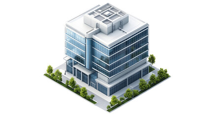Modern office building 3D isometric illustration, corporate and commercial urban structure, real estate and business concept, Transparent Background PNG