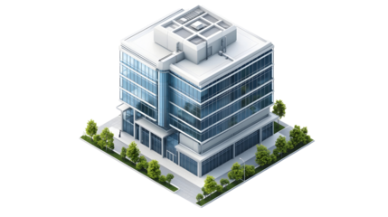 Modern office building 3D isometric illustration, corporate and commercial urban structure, real estate and business concept, Transparent Background PNG
