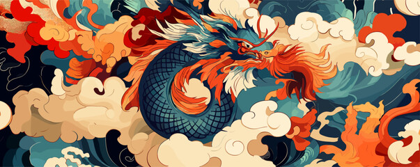 Majestic dragon soaring among clouds in vibrant traditional artwork.