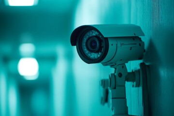 Security camera monitors hallway in dimly lit environment with blue-green lighting accent