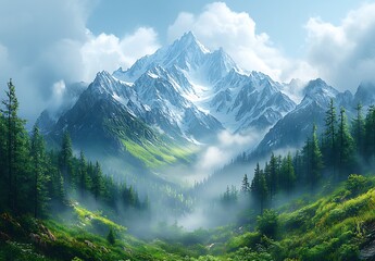Fototapeta premium Majestic Snow Capped Mountains Above a Misty Green Valley