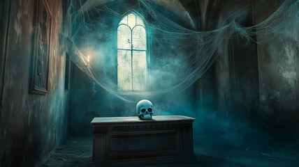 廃墟の祭壇に鎮座するクリスタルの頭蓋骨、薄暗い光の中で漂う超自然的恐怖