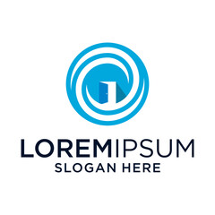 Abstract Blue Spiral Logo Design with Open Door