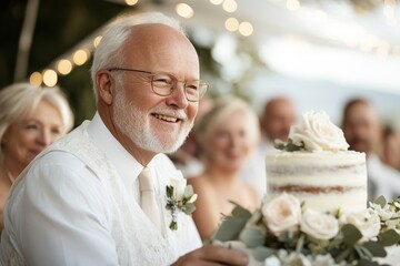 Celebratory moment at a wedding reception with an elderly man presenting a beautifully decorated cake