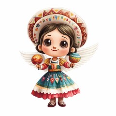 Cute Mexican angel girl in a colorful folkloric dress with white wings and maracas