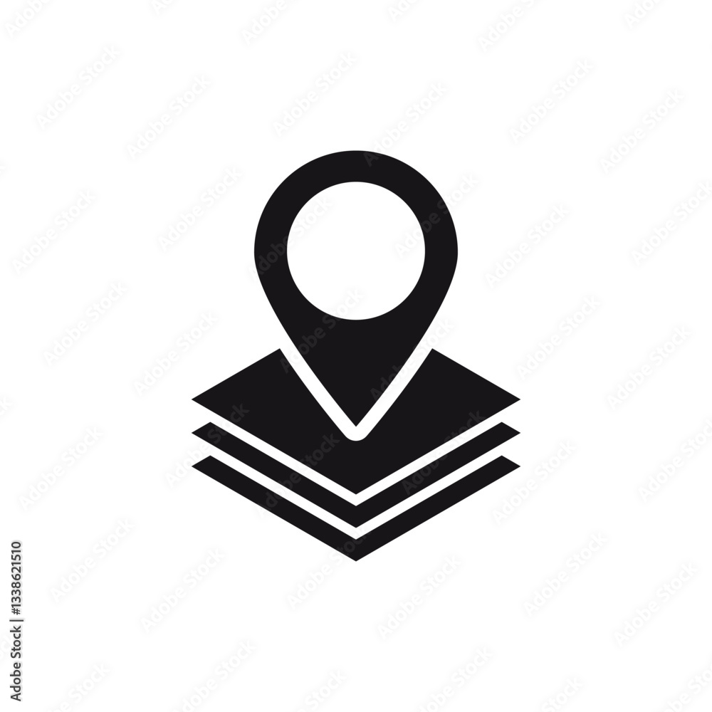 Poster a stylized geolocation icon with a pin shape and layered base featuring a central circular element.