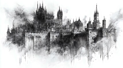 Fototapeta premium A sprawling, intricate medieval cityscape shrouded in mist, showcasing towering spires and gothic architecture in black and white.