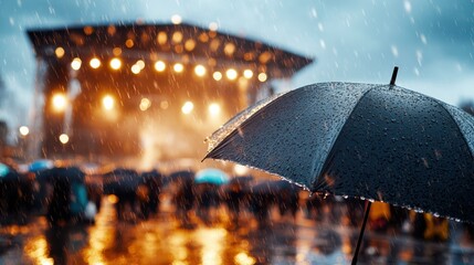 A rainy outdoor concert atmosphere, with vibrant light reflections on wet surfaces and spectators enjoying the performance under umbrellas, capturing the essence of live music.