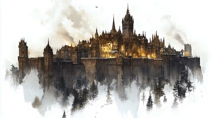 Obraz premium Majestic castle silhouetted against a gloomy sky, illuminated by warm lights. Enigmatic atmosphere with looming trees adds to the fantasy vibe.