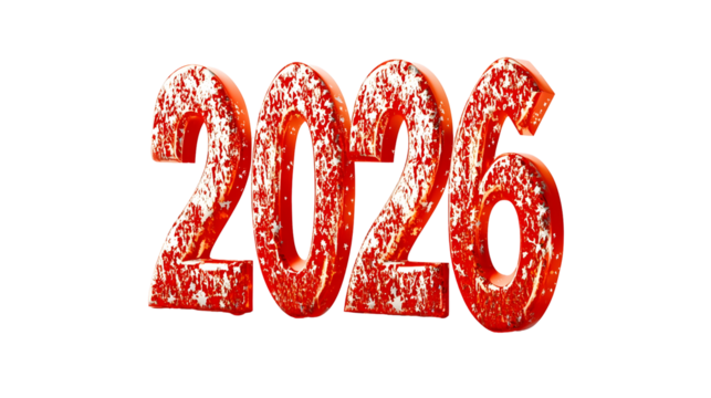 new year "2026" design, festive and dynamic 3d render, bright red typography, Transparent Background PNG