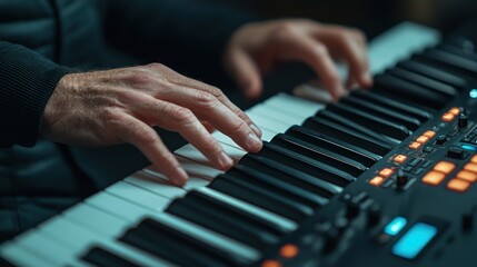 Fototapeta premium Musician playing a synthesizer keyboard with both hands pressing keys